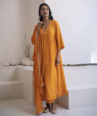 Orange plain cotton silk kurta and pant 3