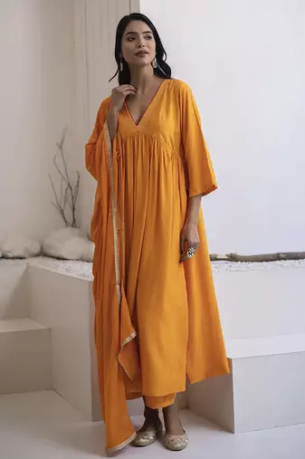 Orange plain cotton silk kurta and pant