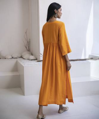 Orange plain cotton silk kurta and pant 4