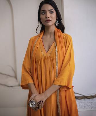 Orange plain cotton silk kurta and pant 5