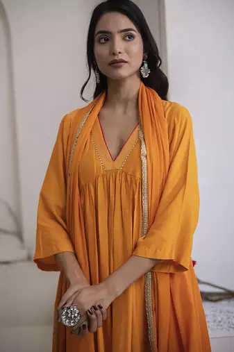 Orange plain cotton silk kurta and pant
