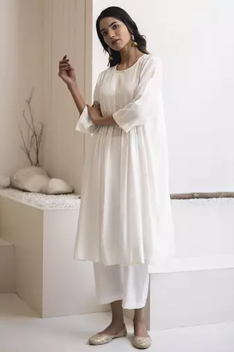 White plain cotton silk kurta and pant