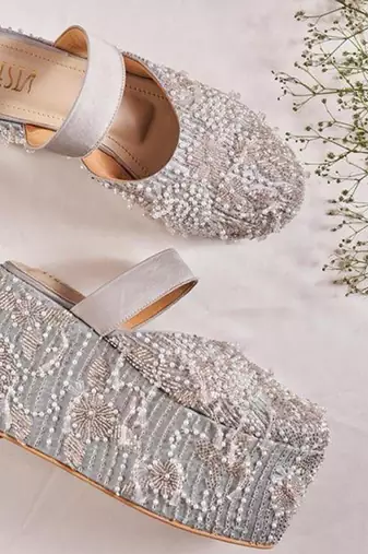 Silver woven leather wedges 