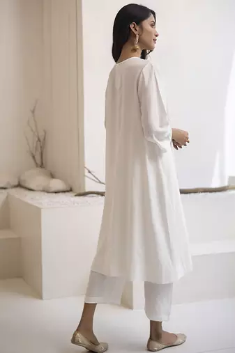White plain cotton silk kurta and pant