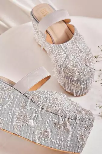 Silver woven leather wedges 