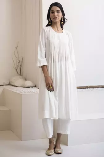 White plain cotton silk kurta and pant