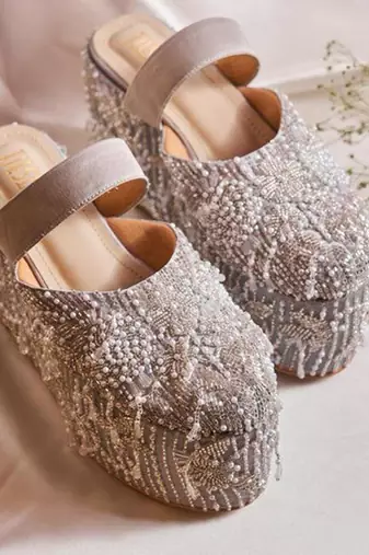 Silver woven leather wedges 