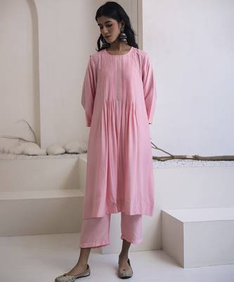 Pink plain cotton silk kurta and pant 1