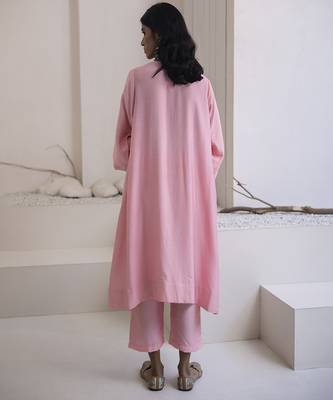 Pink plain cotton silk kurta and pant 2