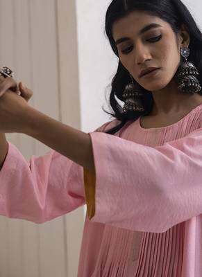 Pink plain cotton silk kurta and pant 3
