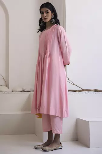 Pink plain cotton silk kurta and pant