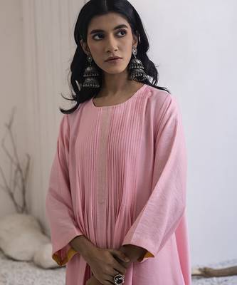 Pink plain cotton silk kurta and pant 5
