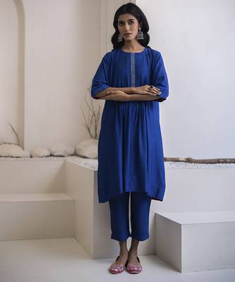 Blue plain cotton silk kurta and pant 1