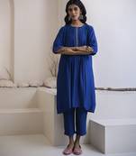 Blue plain cotton silk kurta and pant