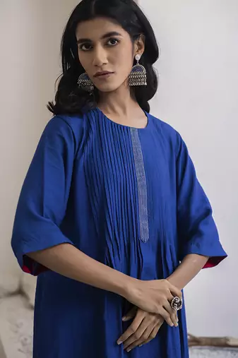 Blue plain cotton silk kurta and pant