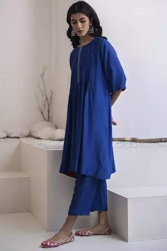 Blue plain cotton silk kurta and pant
