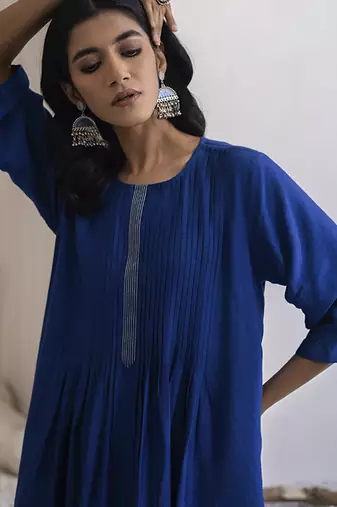 Blue plain cotton silk kurta and pant