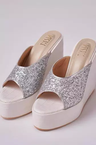 Silver woven leather wedges 
