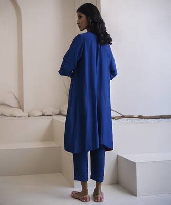 Blue plain cotton silk kurta and pant 5