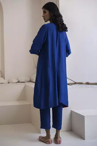 Blue plain cotton silk kurta and pant