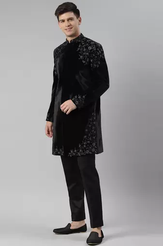 Black velvet embroidery achkan