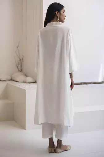 White plain cotton silk kurta and pant