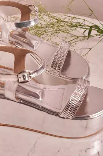 Silver woven leather wedges 