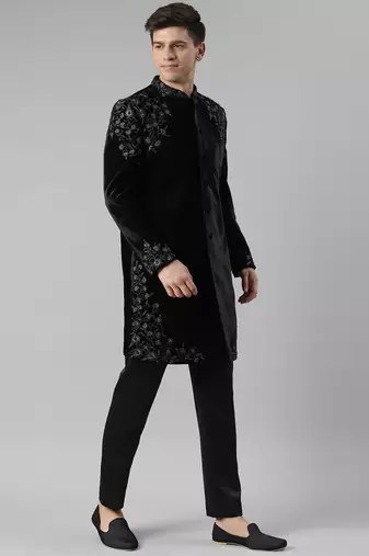 Black velvet embroidery achkan