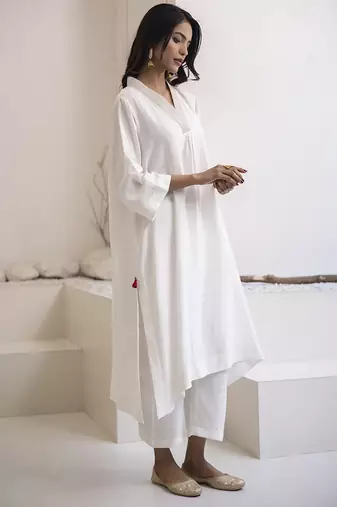 White plain cotton silk kurta and pant