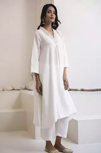 White plain cotton silk kurta and pant