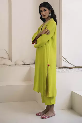 Green plain cotton silk kurta and pant