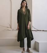 Green plain cotton silk kurta and pant