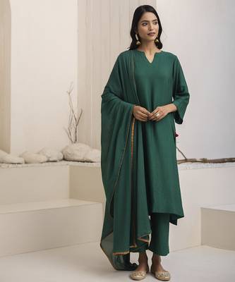Green plain cotton silk kurta set 1