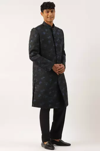 Navy blue embroidered indowestern