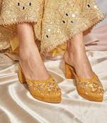 Yellow woven leather heels
