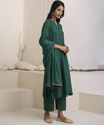 Green plain cotton silk kurta set 2