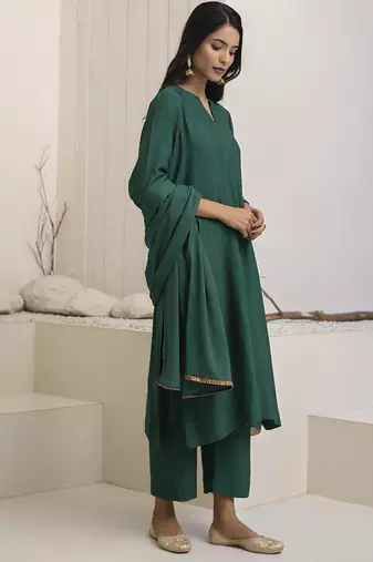 Green plain cotton silk kurta set