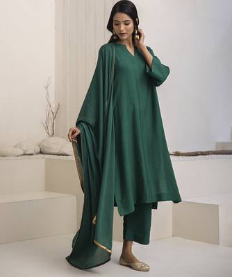 Green plain cotton silk kurta set 3