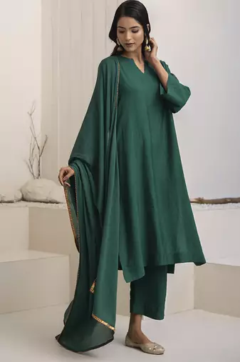 Green plain cotton silk kurta set