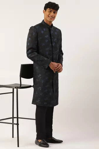 Navy blue embroidered indowestern