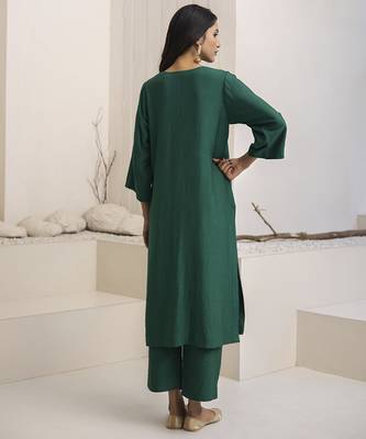Green plain cotton silk kurta set 4