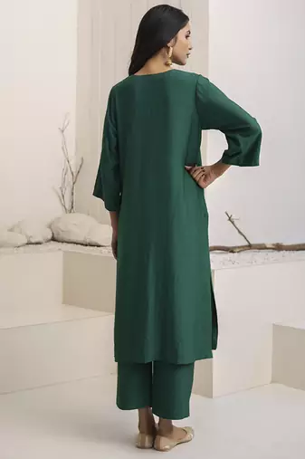 Green plain cotton silk kurta set