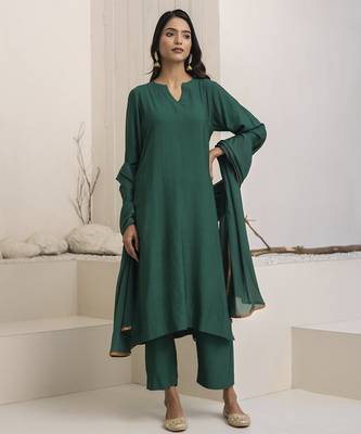 Green plain cotton silk kurta set 5