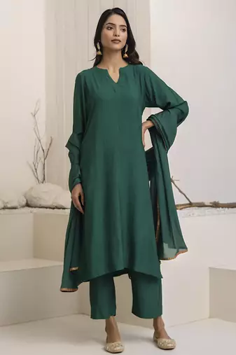 Green plain cotton silk kurta set