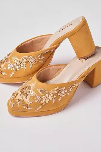 Yellow woven leather heels