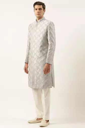 Grey thread embroidered achkan