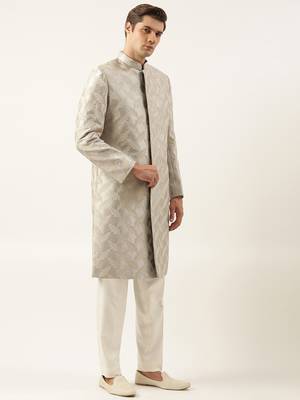 Grey thread embroidered achkan 4