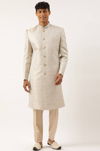 Ivory jacquard indowestern set