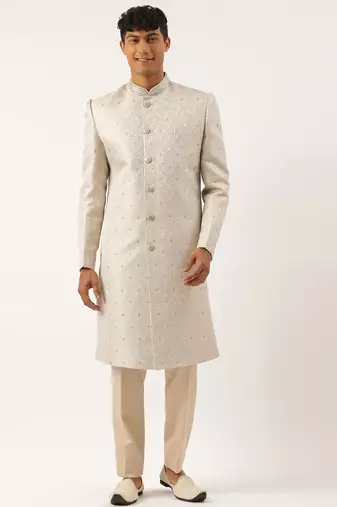 Ivory jacquard indowestern set