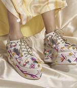 White woven leather Wedges